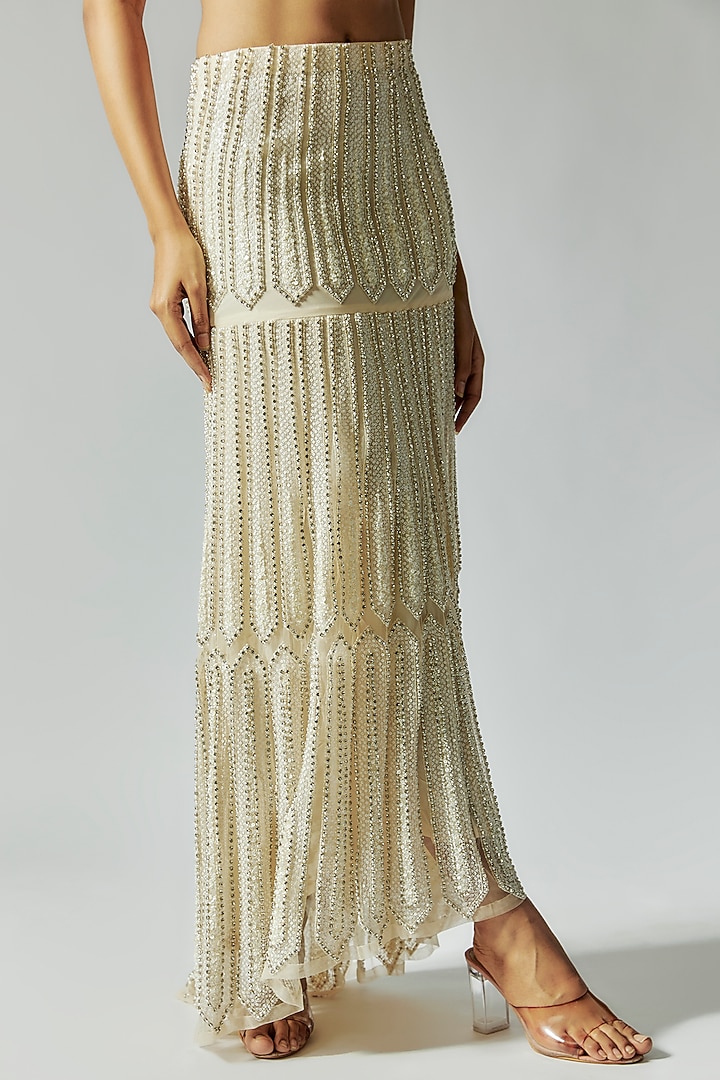 White Organza & Silk Sequins Embroidered Skirt Set by TARSHARI at Pernia's Pop Up Shop