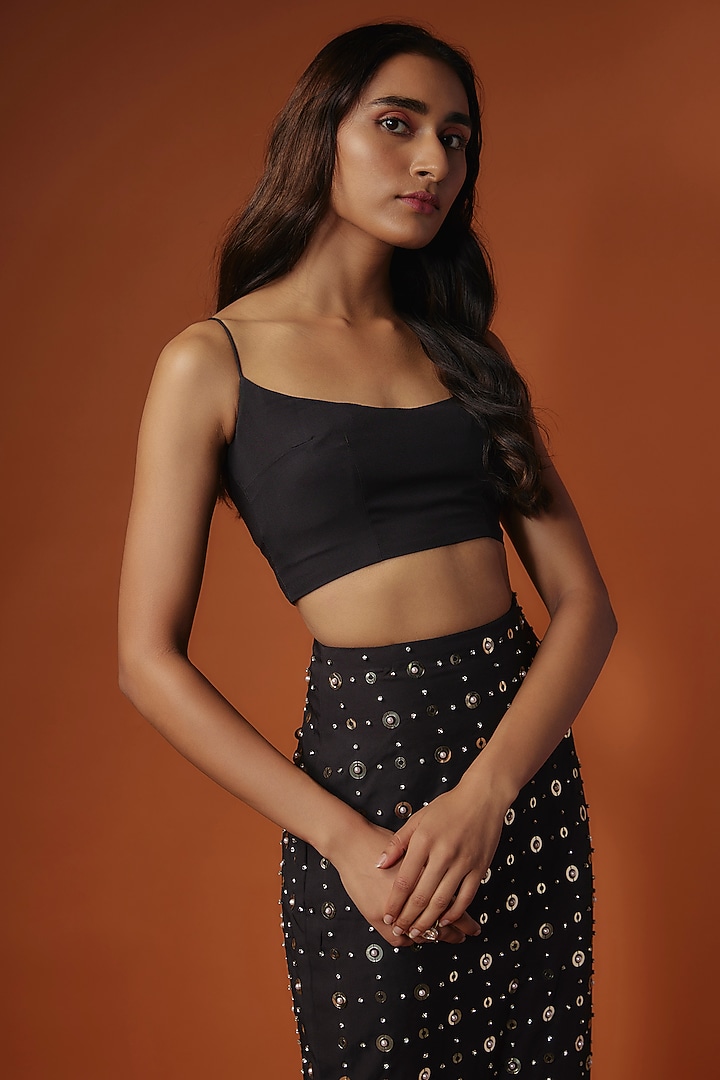 Black Organza & Silk Crystal Hand Embroidered Skirt Set by TARSHARI at Pernia's Pop Up Shop