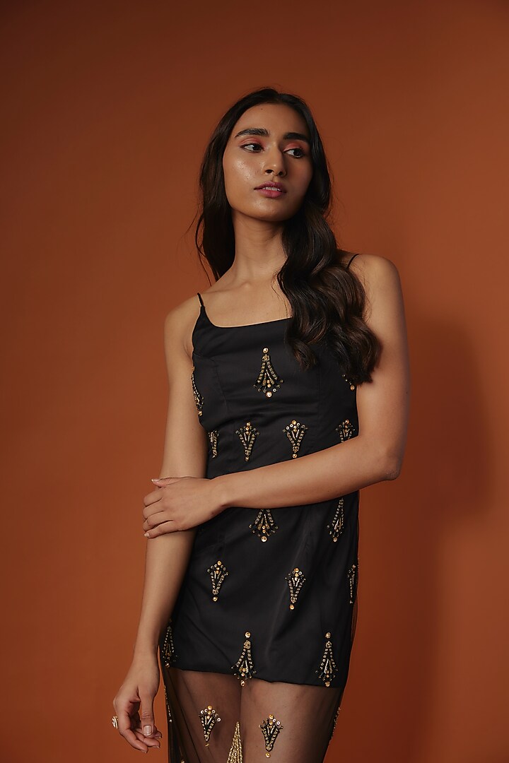 Black Net & Crepe Motifs Hand Embroidered Maxi Cocktail Dress by TARSHARI at Pernia's Pop Up Shop