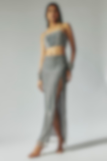 Grey Silk & Crepe Crystal Embroidered Skirt Set by TARSHARI