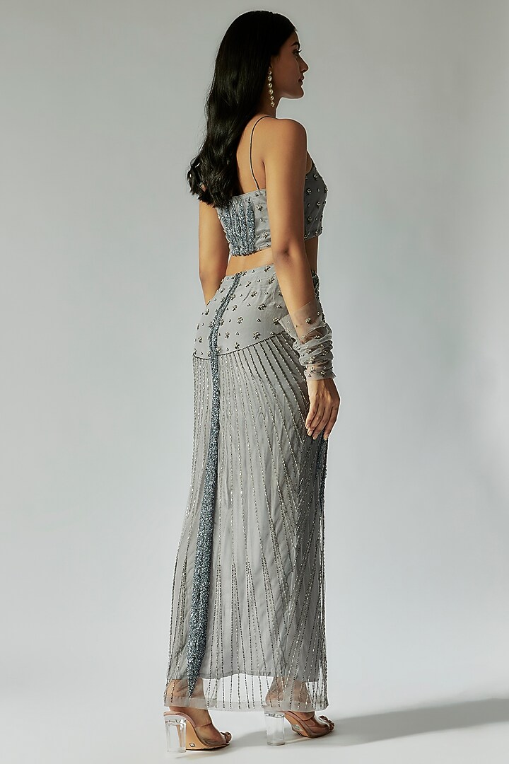 Grey Silk & Crepe Crystal Embroidered Skirt Set by TARSHARI at Pernia's Pop Up Shop