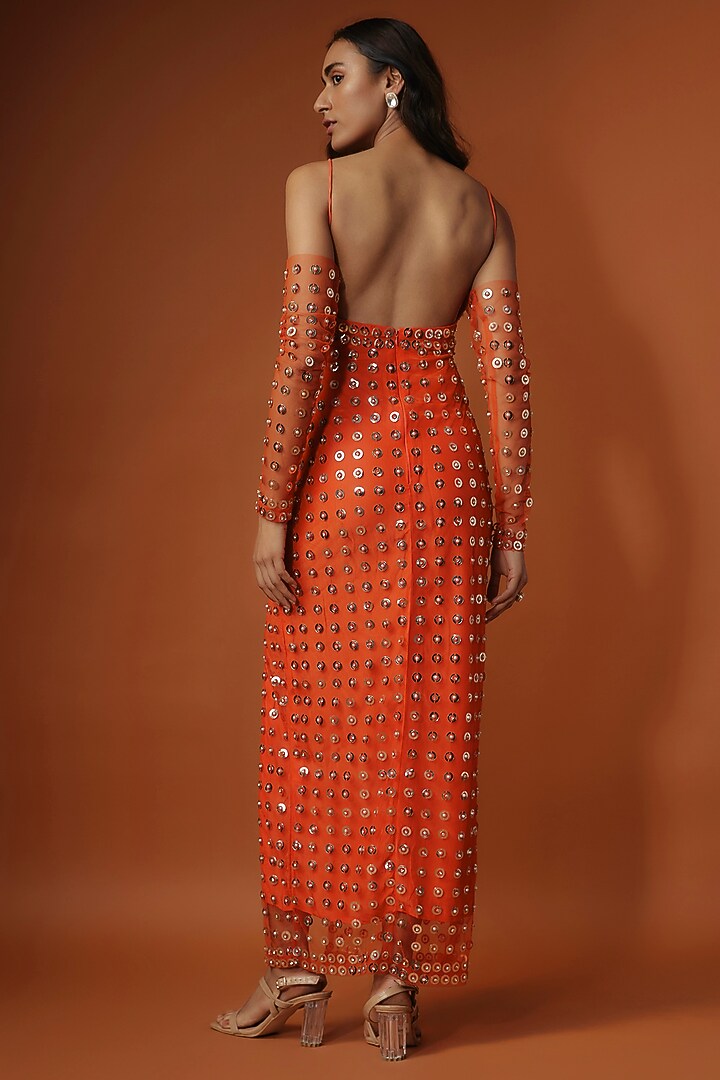 Orange Silk & Crepe Sequins Hand Embroidered Maxi Cocktail Dress by TARSHARI at Pernia's Pop Up Shop