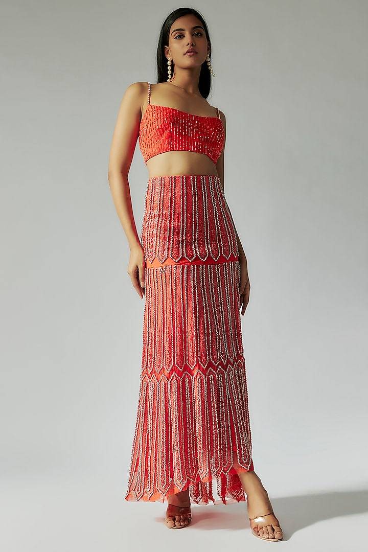 Orange Organza & Silk Sequins Hand Embroidered Skirt Set by TARSHARI