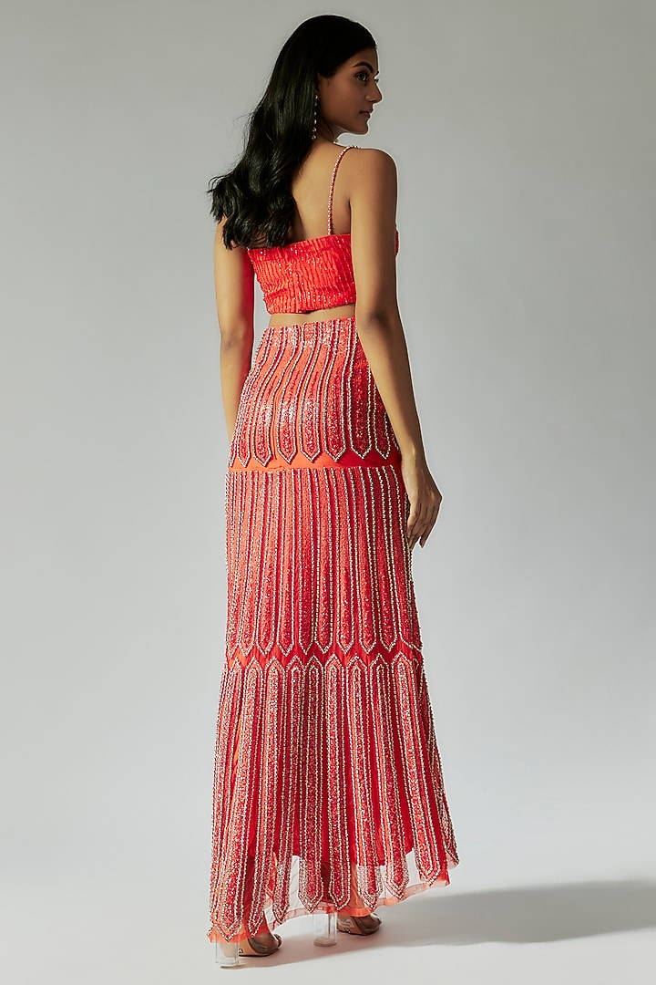 Orange Organza & Silk Sequins Hand Embroidered Skirt Set by TARSHARI at Pernia's Pop Up Shop