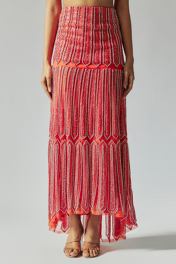 Orange Organza & Silk Sequins Hand Embroidered Skirt Set by TARSHARI at Pernia's Pop Up Shop