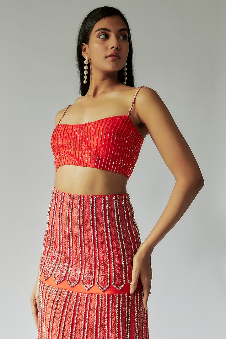 Orange Organza & Silk Sequins Hand Embroidered Skirt Set by TARSHARI at Pernia's Pop Up Shop