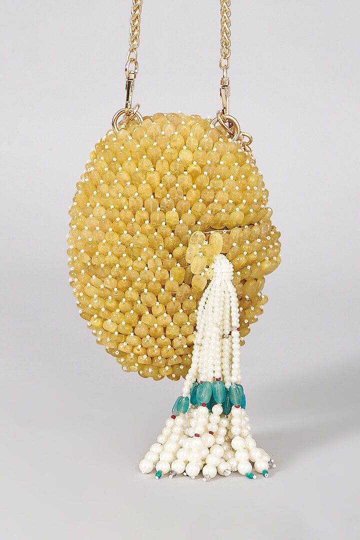 Ochre Yellow Hand Embellished Clutch by The Right Sided at Pernia's Pop Up Shop
