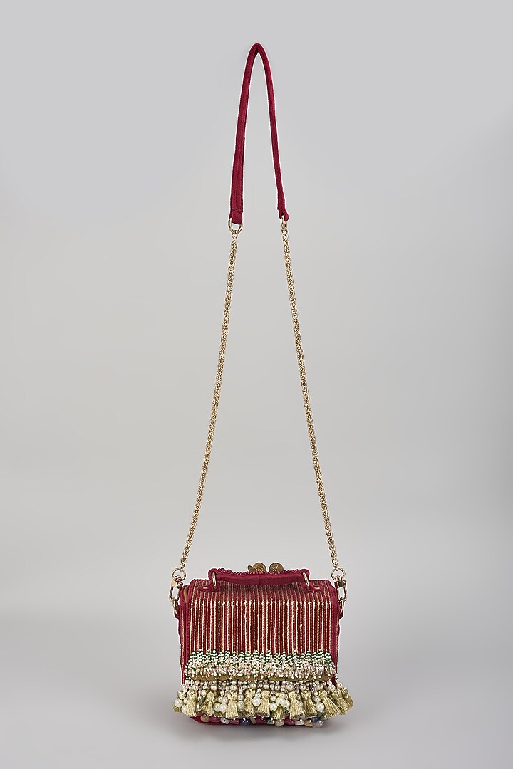 Red Micro Velvet Hand Embellished Handbag by The Right Sided at Pernia's Pop Up Shop