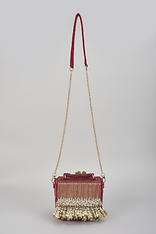 Red Micro Velvet Hand Embellished Handbag by The Right Sided