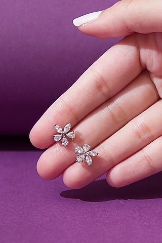 White Finish Floral Stud Earrings In Sterling Silver by Tres Zuri