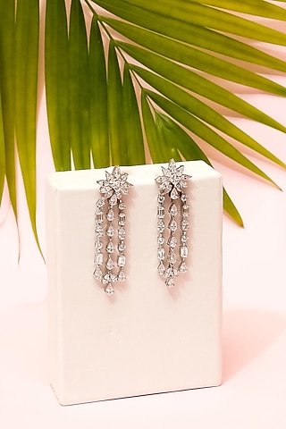 White Finish Cubic Zirconia Dangler Earrings In Sterling Silver by Tres Zuri
