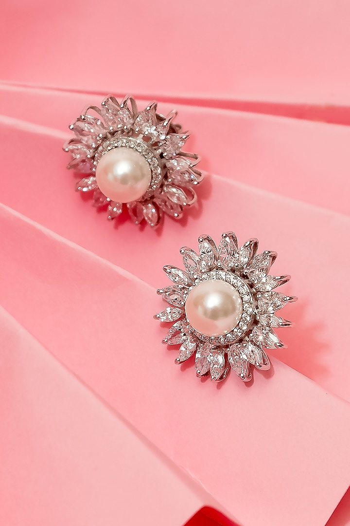 White Finish Pearl Stud Earrings In Sterling Silver by Tres Zuri