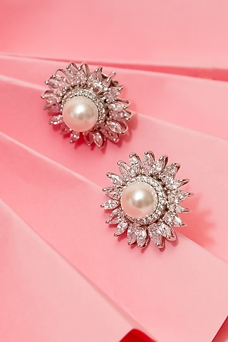 White Finish Pearl Stud Earrings In Sterling Silver by Tres Zuri