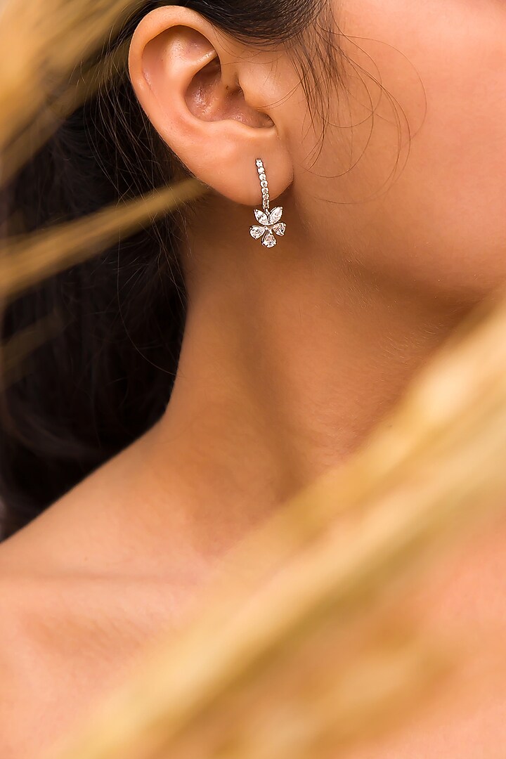 White Finish Earrings WIth Cubic Zirconia In Sterling Silver by Tres Zuri at Pernia's Pop Up Shop