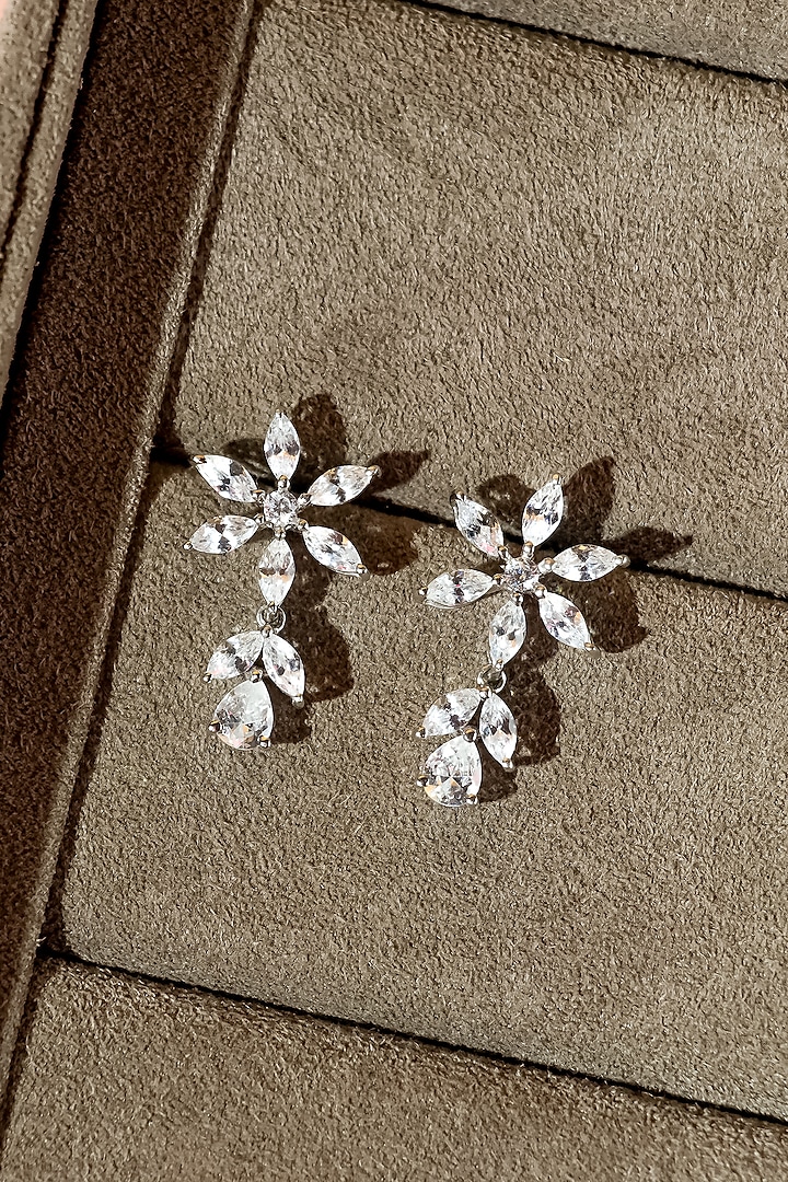 White Finish Dangler Earrings WIth Cubic Zirconia In Sterling Silver by Tres Zuri