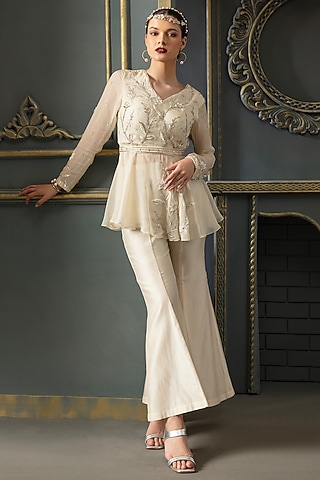 White Pure Chanderi Flared Pant Set by Trumpet Vine