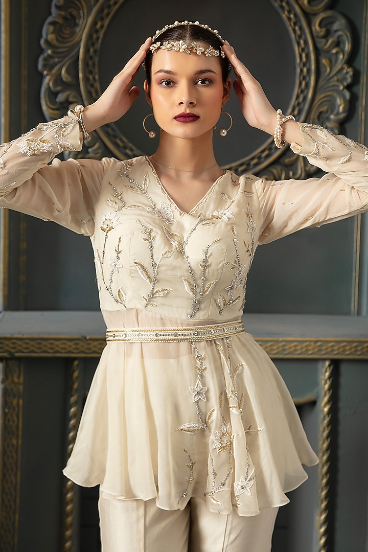 White Pure Chanderi Flared Pant Set by Trumpet Vine at Pernia's Pop Up Shop