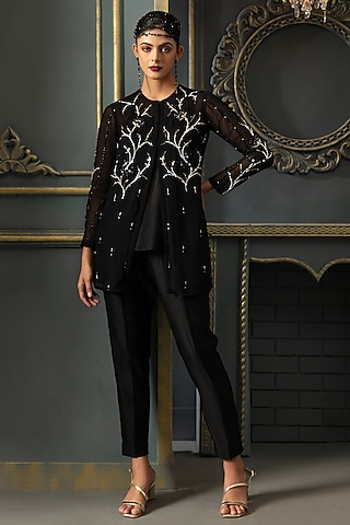 Black Organza Hand Embroidered Jacket Set by Trumpet Vine