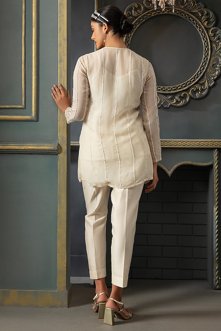 White Organza Hand Embroidered Jacket Set by Trumpet Vine at Pernia's Pop Up Shop