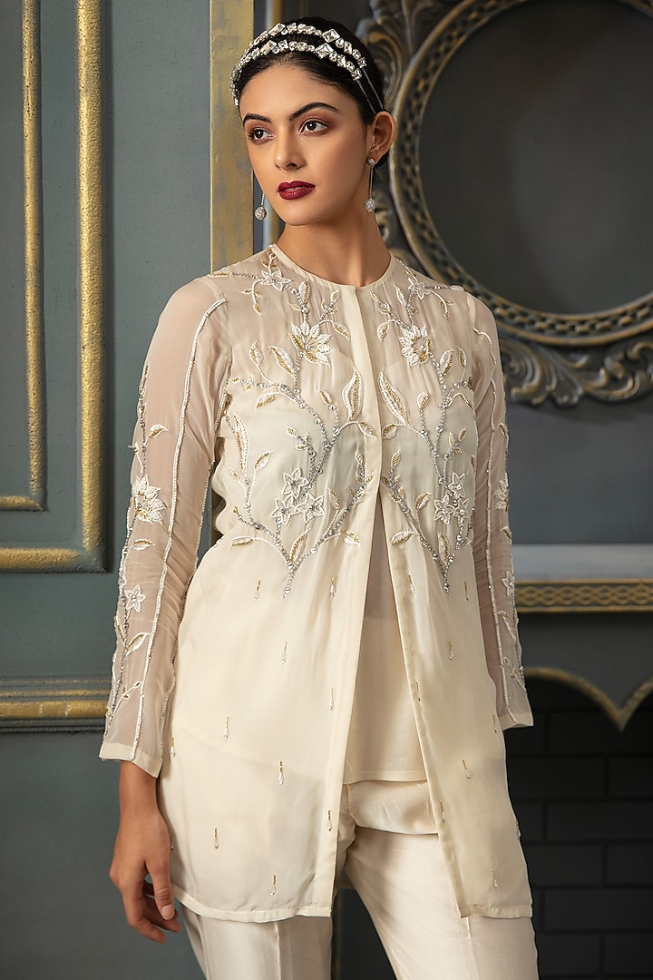 White Organza Hand Embroidered Jacket Set by Trumpet Vine at Pernia's Pop Up Shop