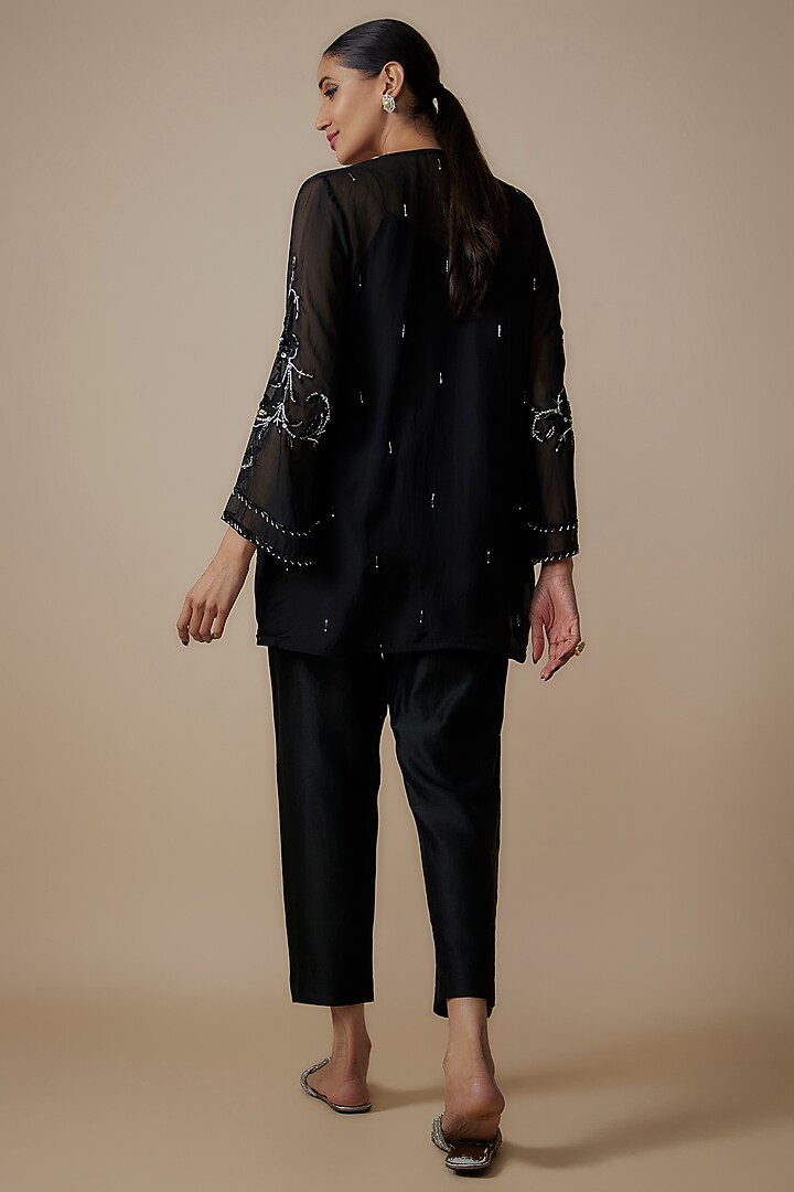 Black Organza Crystal Hand Embroidered Front-Open Jacket Set by Trumpet Vine at Pernia's Pop Up Shop