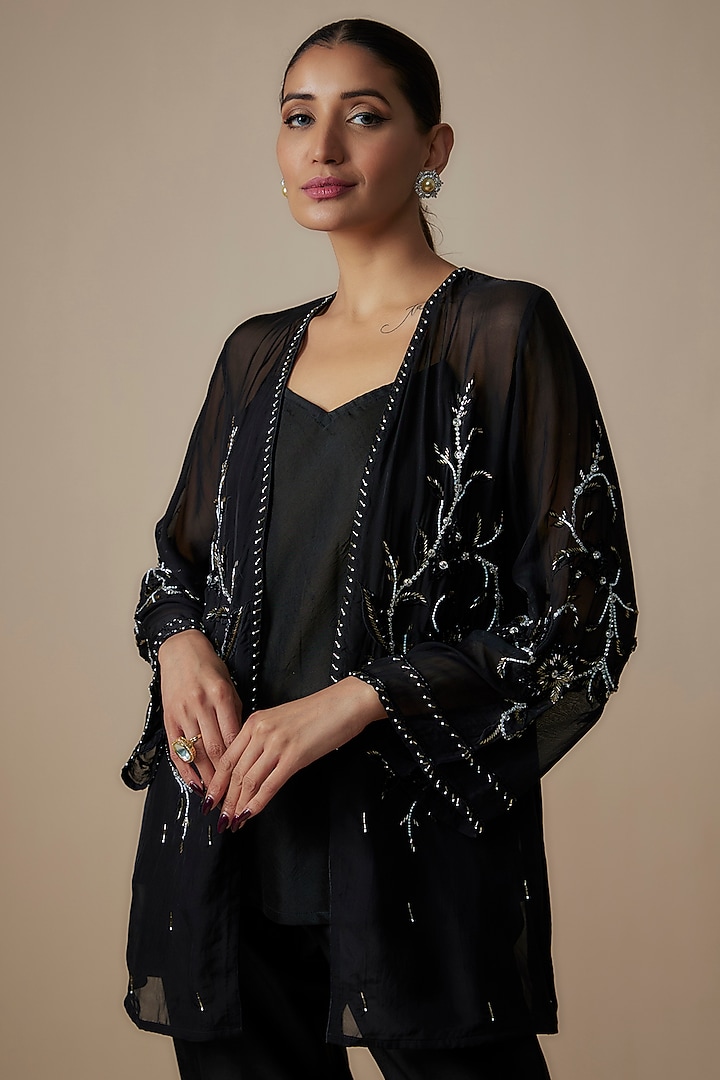 Black Organza Crystal Hand Embroidered Front-Open Jacket Set by Trumpet Vine at Pernia's Pop Up Shop