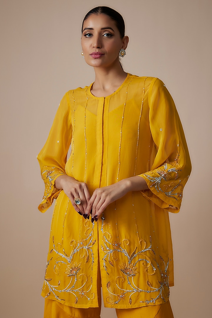 Mustard Pure Chanderi Gharara Set by Trumpet Vine at Pernia's Pop Up Shop