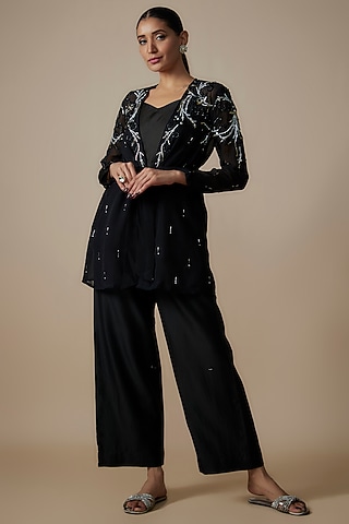 Black Organza Crystal Hand Embroidered Jacket Set by Trumpet Vine