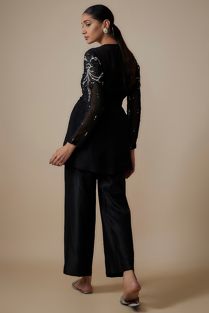 Black Organza Crystal Hand Embroidered Jacket Set by Trumpet Vine at Pernia's Pop Up Shop