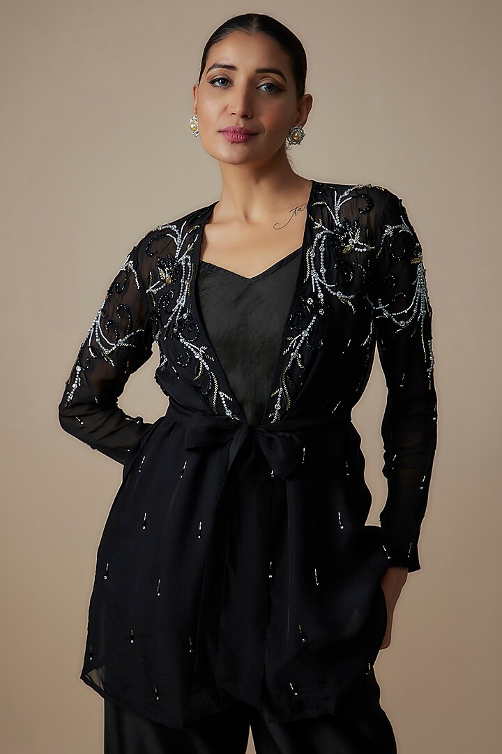 Black Organza Crystal Hand Embroidered Jacket Set by Trumpet Vine at Pernia's Pop Up Shop