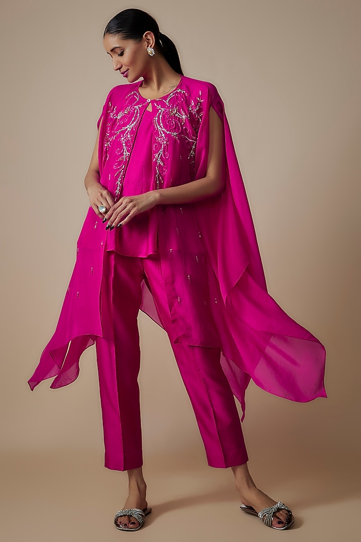Hot Pink Organza Crystal Hand Embroidered Cape Set by Trumpet Vine