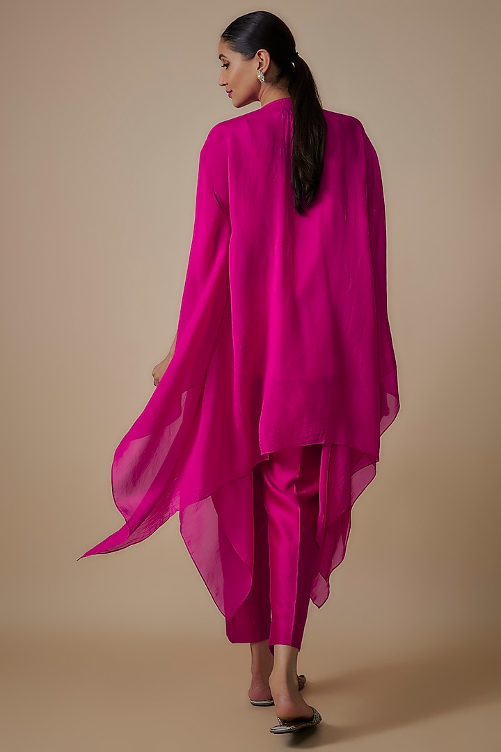 Hot Pink Organza Crystal Hand Embroidered Cape Set by Trumpet Vine at Pernia's Pop Up Shop