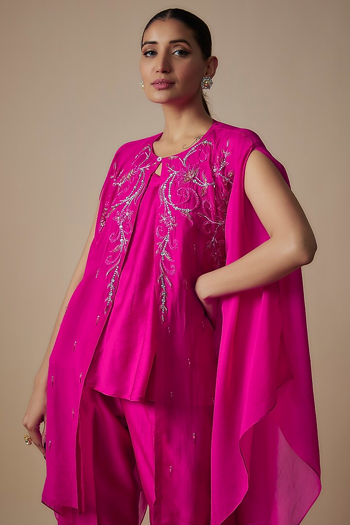 Hot Pink Organza Crystal Hand Embroidered Cape Set by Trumpet Vine at Pernia's Pop Up Shop