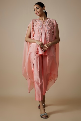 Peach Organza Crystal Hand Embroidered Cape Set by Trumpet Vine