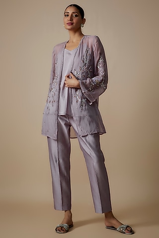Light Purple Organza Crystal Hand Embroidered Front-Open Jacket Set by Trumpet Vine
