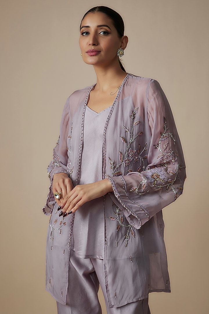 Light Purple Organza Crystal Hand Embroidered Front-Open Jacket Set by Trumpet Vine at Pernia's Pop Up Shop