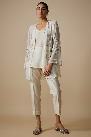 White Organza Crystal Hand Embroidered Front-Open Jacket Set by Trumpet Vine