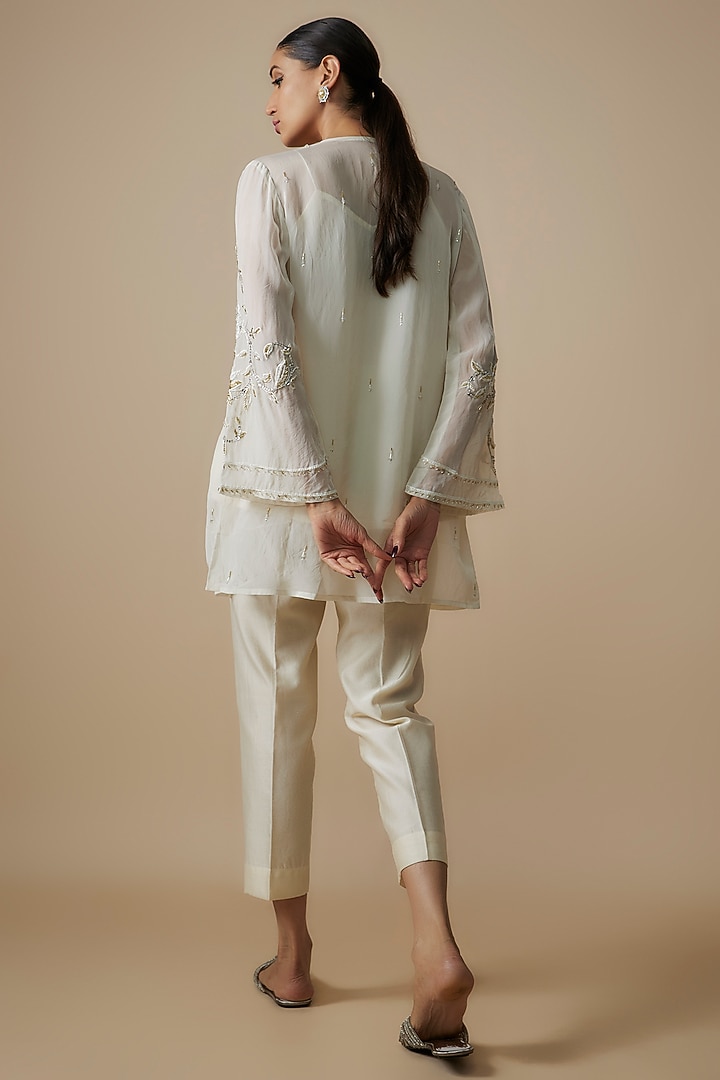 White Organza Crystal Hand Embroidered Front-Open Jacket Set by Trumpet Vine at Pernia's Pop Up Shop