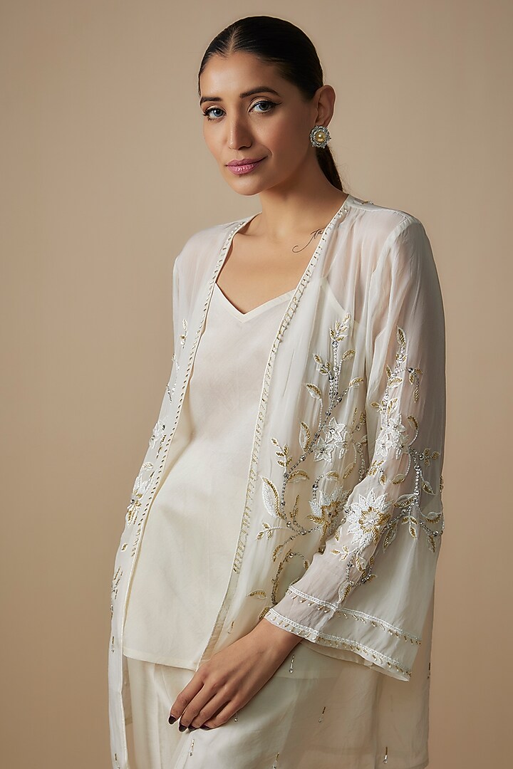 White Organza Crystal Hand Embroidered Front-Open Jacket Set by Trumpet Vine at Pernia's Pop Up Shop