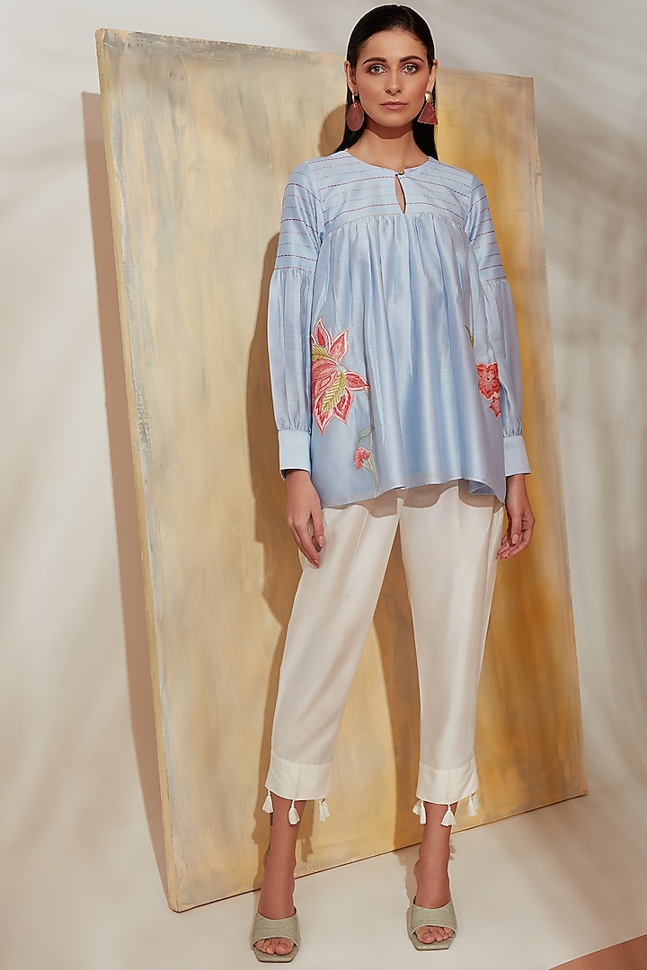 Blue Embroidered Pleated Tunic Set by Trumpet Vine