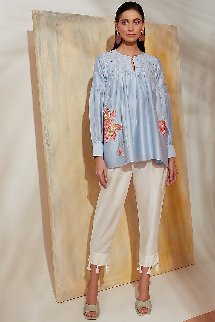 Blue Embroidered Pleated Tunic Set by Trumpet Vine at Pernia's Pop Up Shop