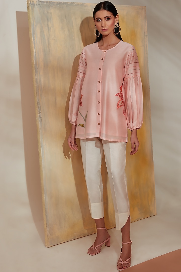 Pink Embroidered A-Line Tunic Set by Trumpet Vine