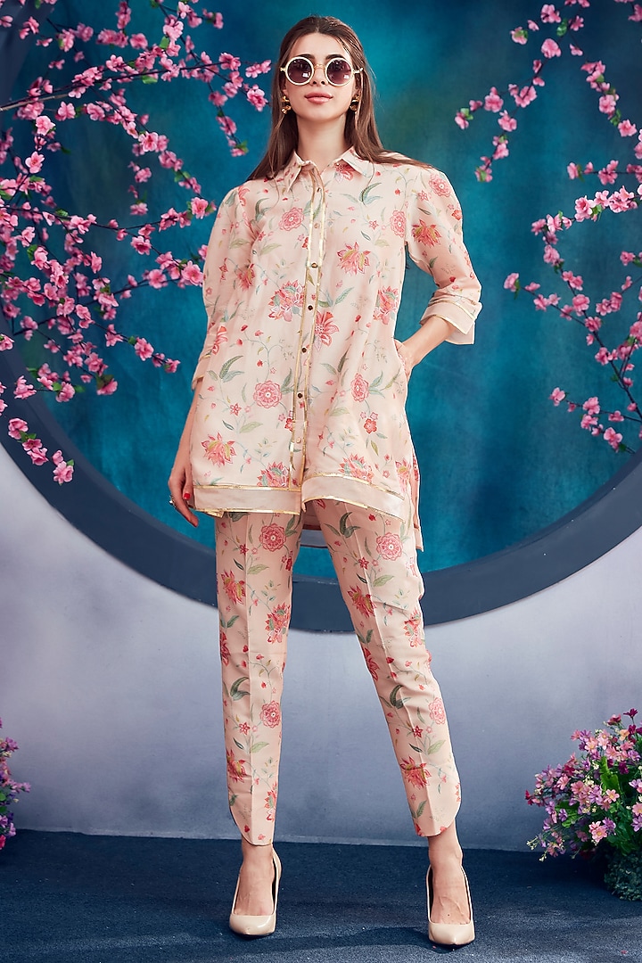 Powder Peach Printed Apple-Cut Pant Set by Trumpet Vine at Pernia's Pop Up Shop
