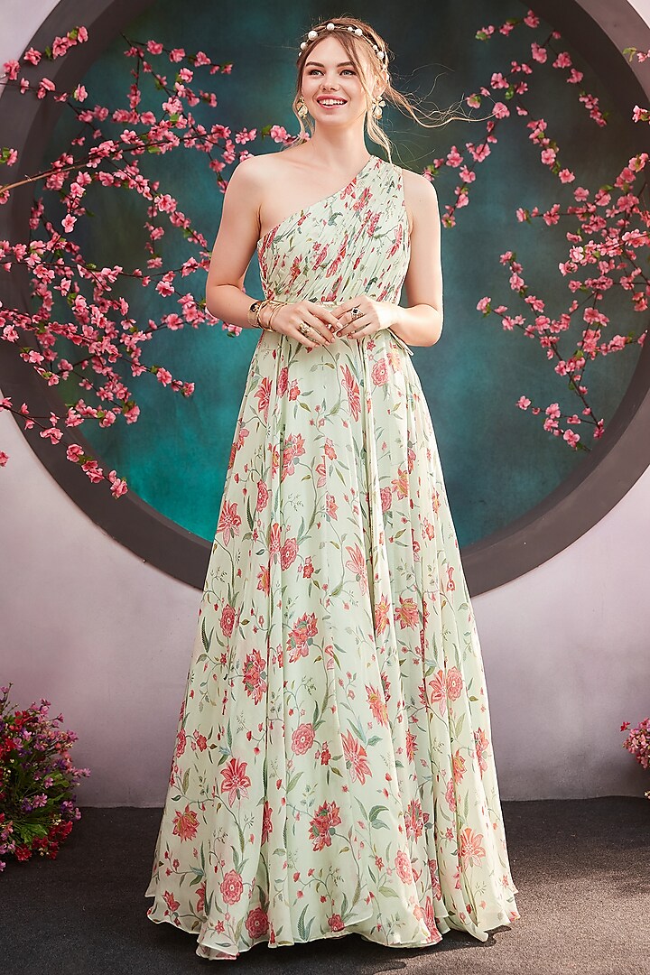 Mint Green Floral Printed Gown by Trumpet Vine