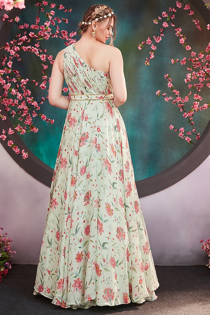 Mint Green Floral Printed Party Wear Gown by Trumpet Vine at Pernia's Pop Up Shop