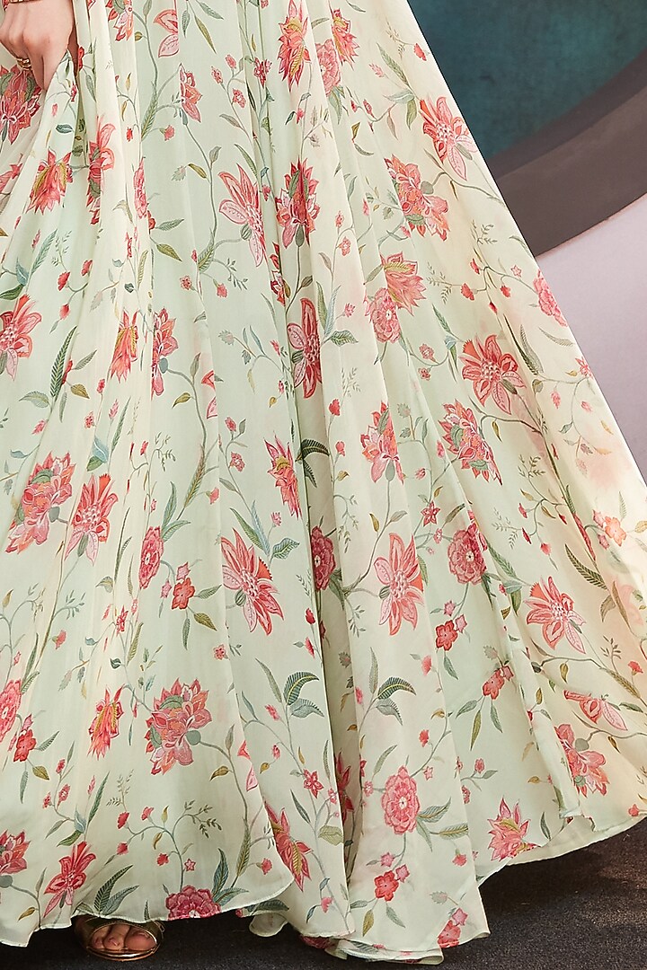 Mint Green Floral Printed Party Wear Gown by Trumpet Vine at Pernia's Pop Up Shop