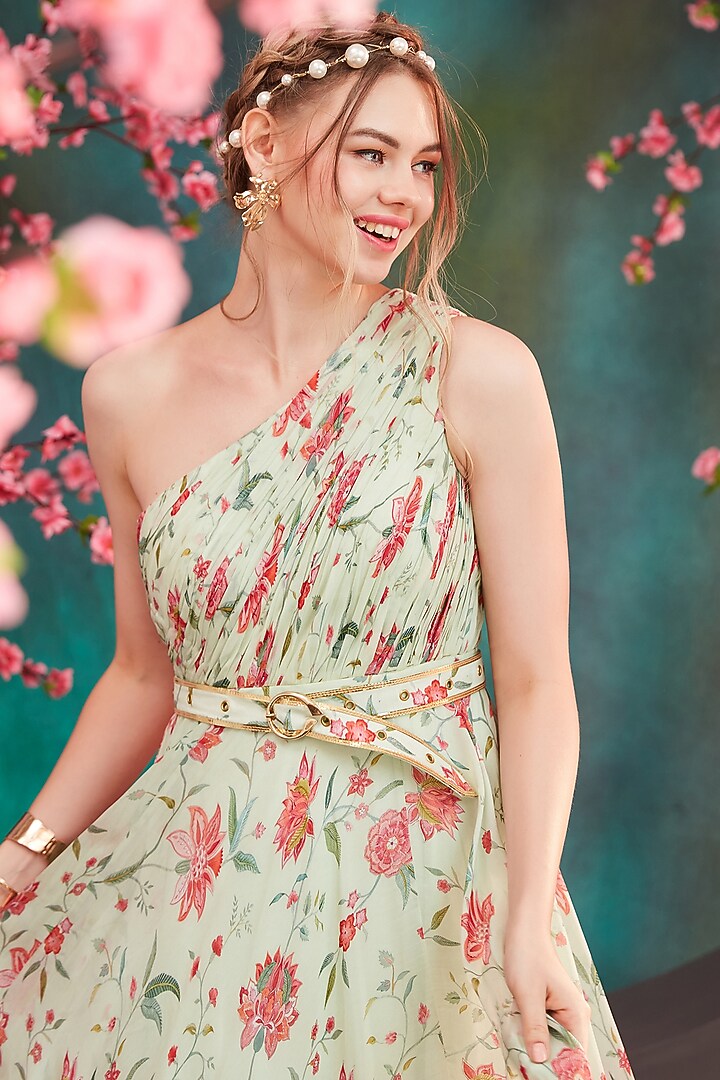 Mint Green Floral Printed Party Wear Gown by Trumpet Vine at Pernia's Pop Up Shop
