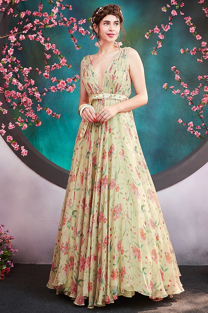 Lime Green Floral Printed Gown by Trumpet Vine