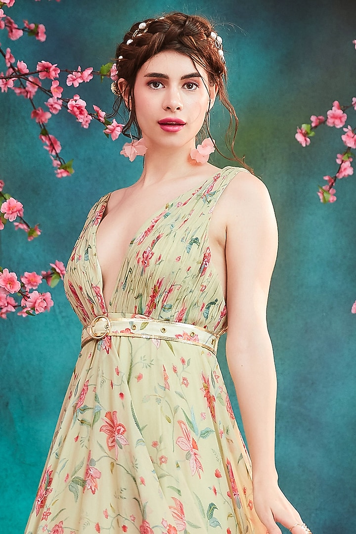 Lime Green Floral Printed Party Wear Gown by Trumpet Vine at Pernia's Pop Up Shop