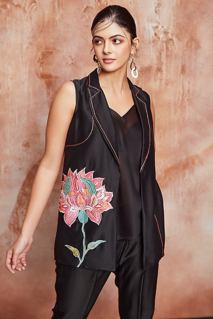 Black Pure Chanderi Embroidered Jacket Set by Trumpet Vine at Pernia's Pop Up Shop